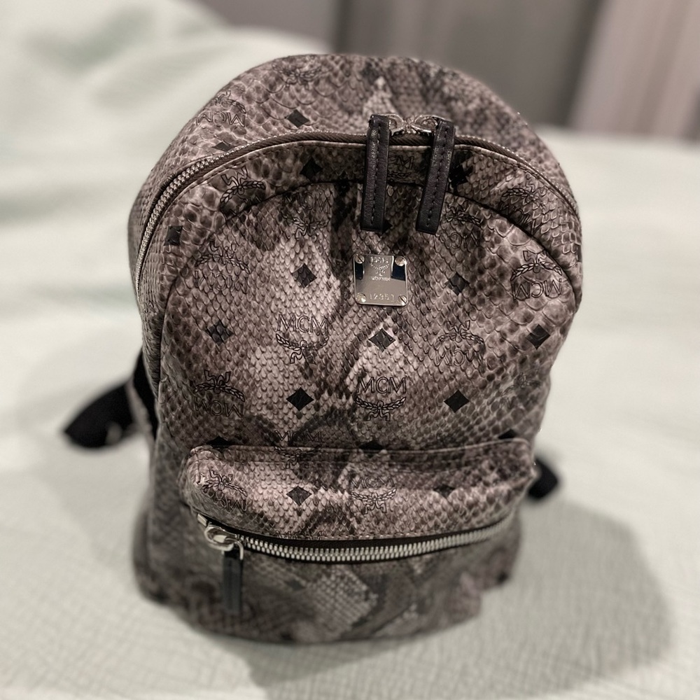 MCM Visetos Stark Grey Snakeskin Leather Backpack